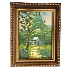 VTG Miniature Painting Barn Path & Trees In Gold Plastic Frame Blue Green Yellow